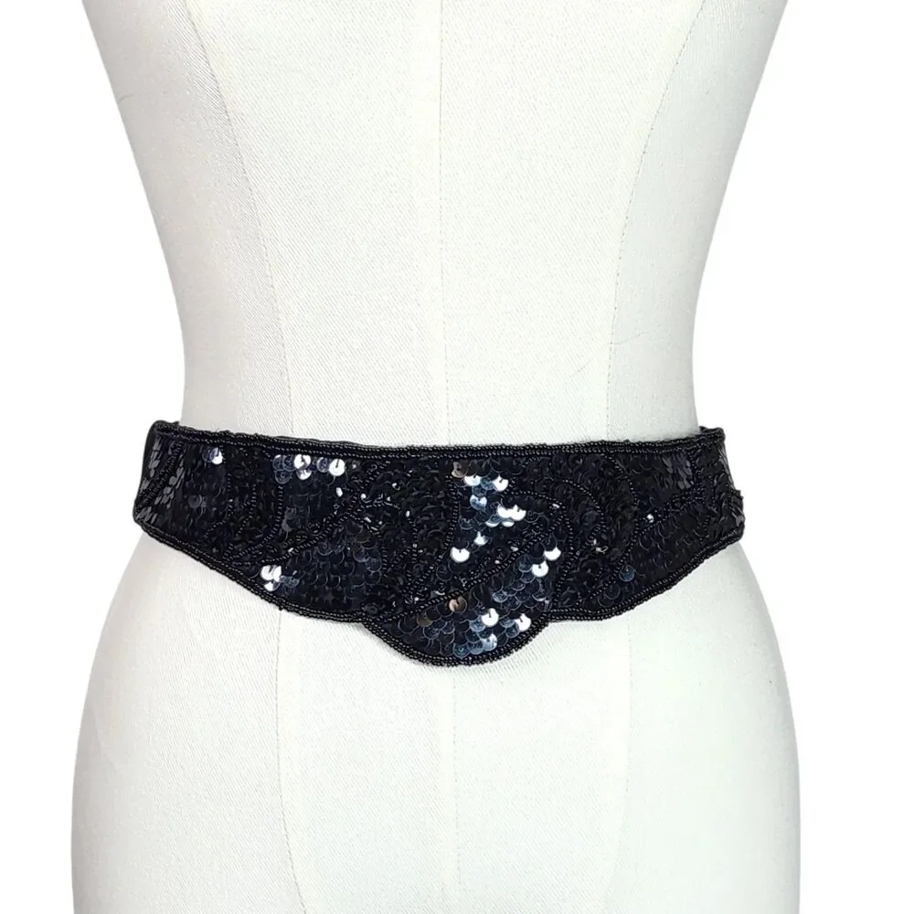 Art Deco Style Black Sequin Statement Cummerbund Belt Elasticized Retro Glam OS